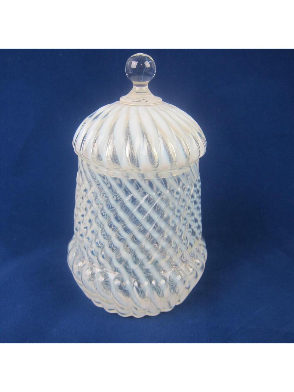 Antique Northwood Chrysanthemum Swirl Opalescent White Glass Jar with Lid RARE